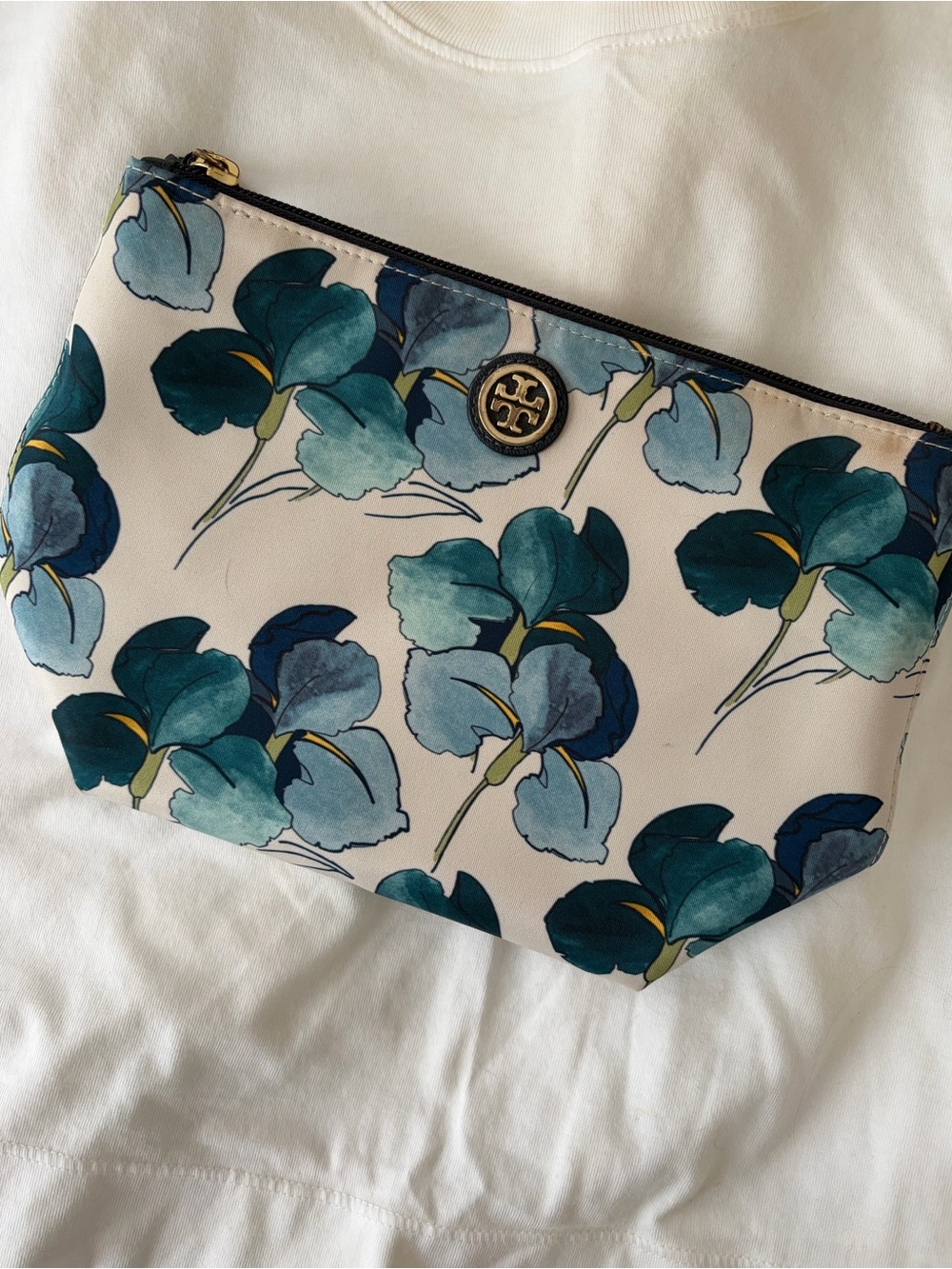 Tory Burch Blue Floral Cosmetic Pouch with Gold Logo